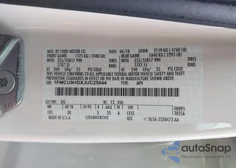 2018 Ford Escape Sel from USA, damaged, VIN 1FMCU9HDXJUC25044